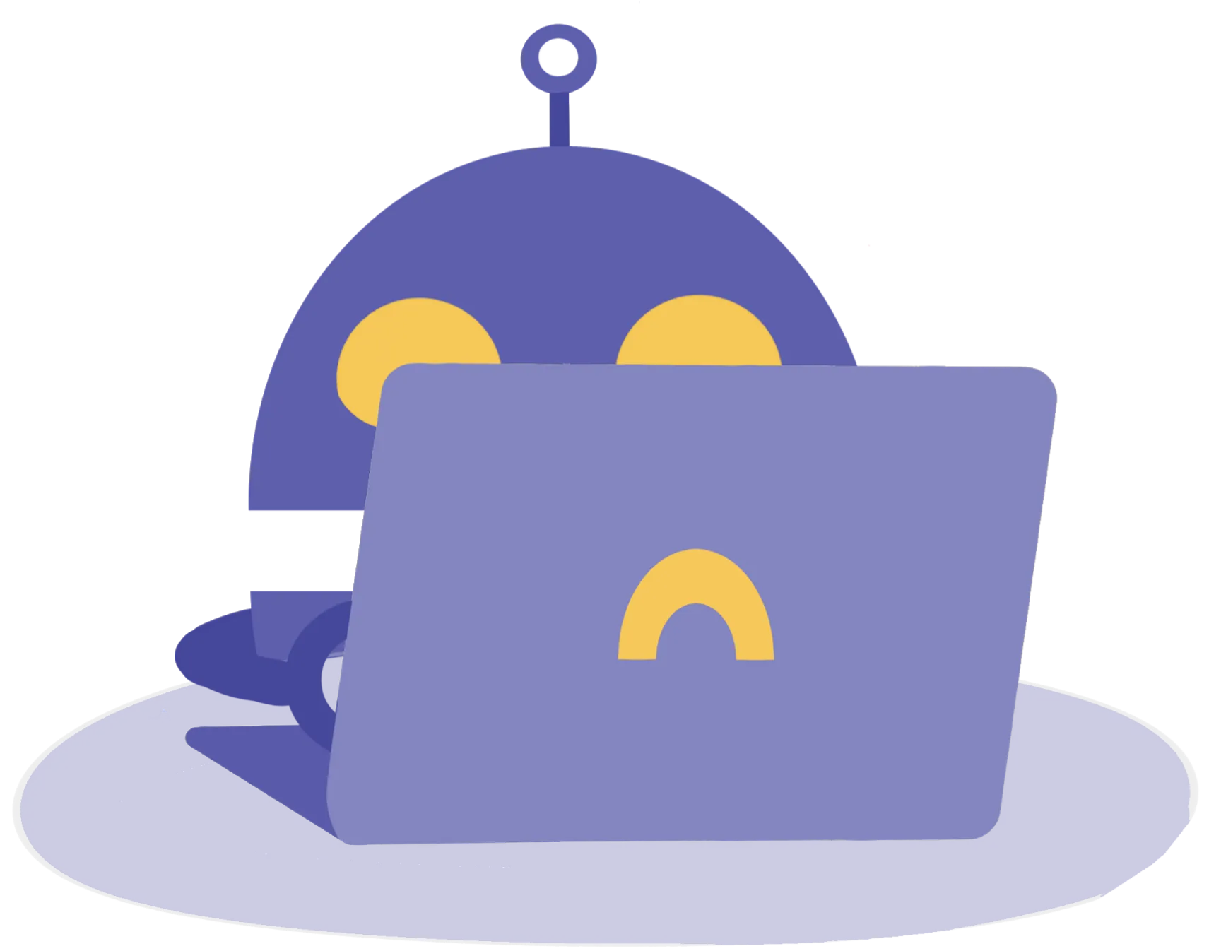 A friendly purple robot on their laptop.